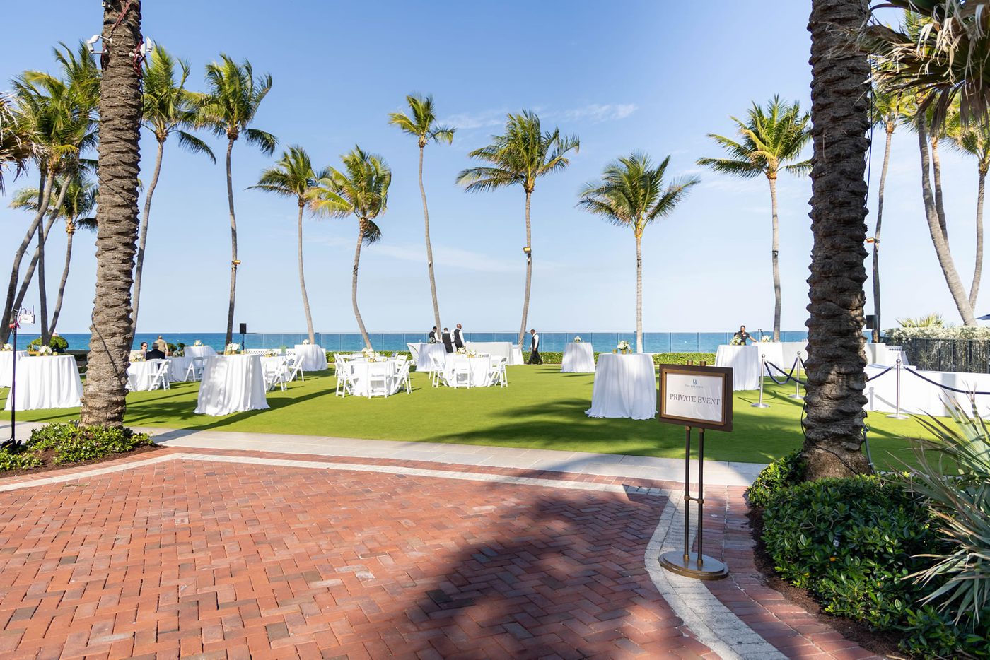 Cocktail reception setup on the Ocean Lawn at The Breakers Palm Beach